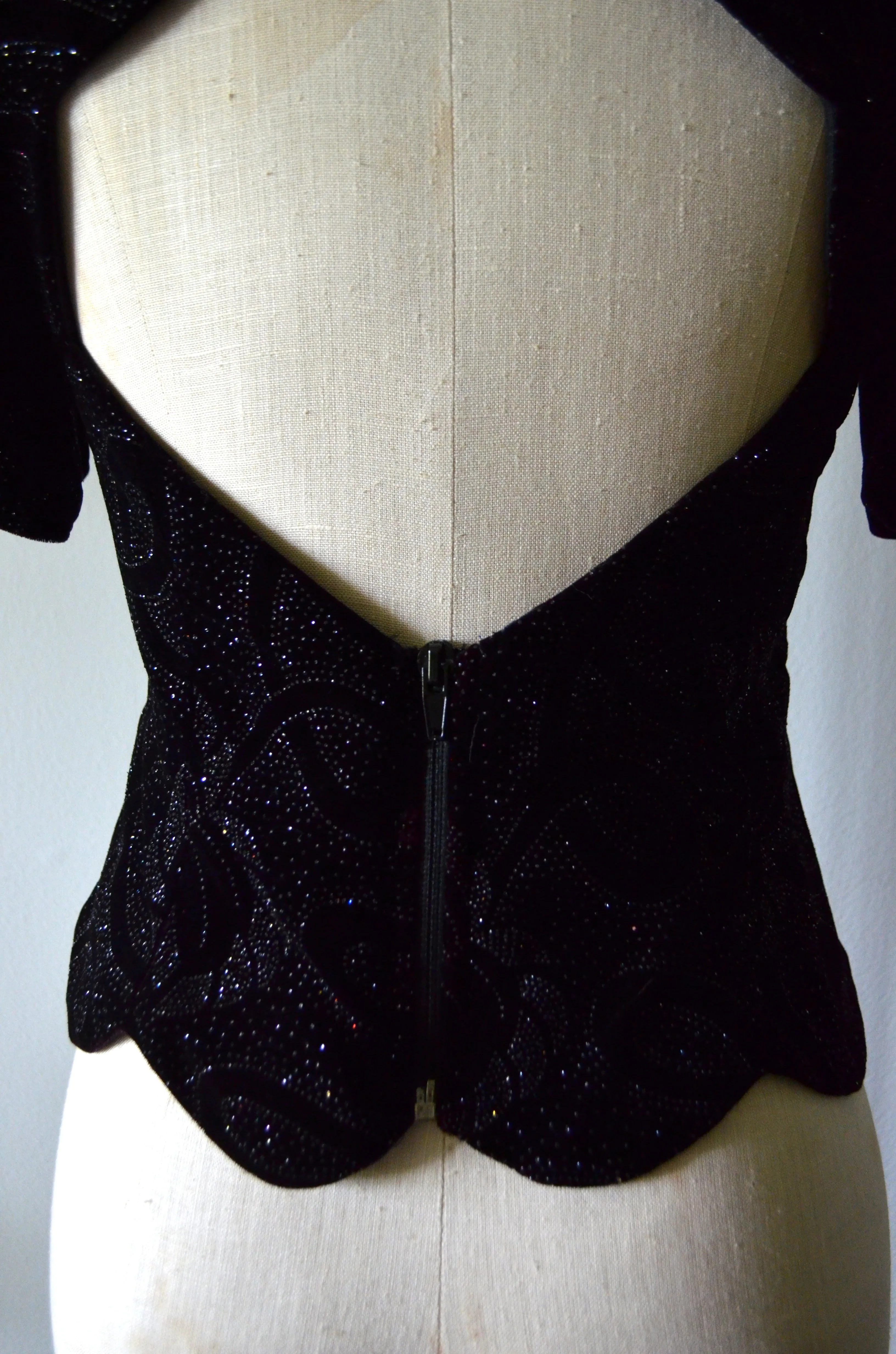 80s Velvet Brocade Sequin Top Puff Ruched sleeve Backless sexy blouse