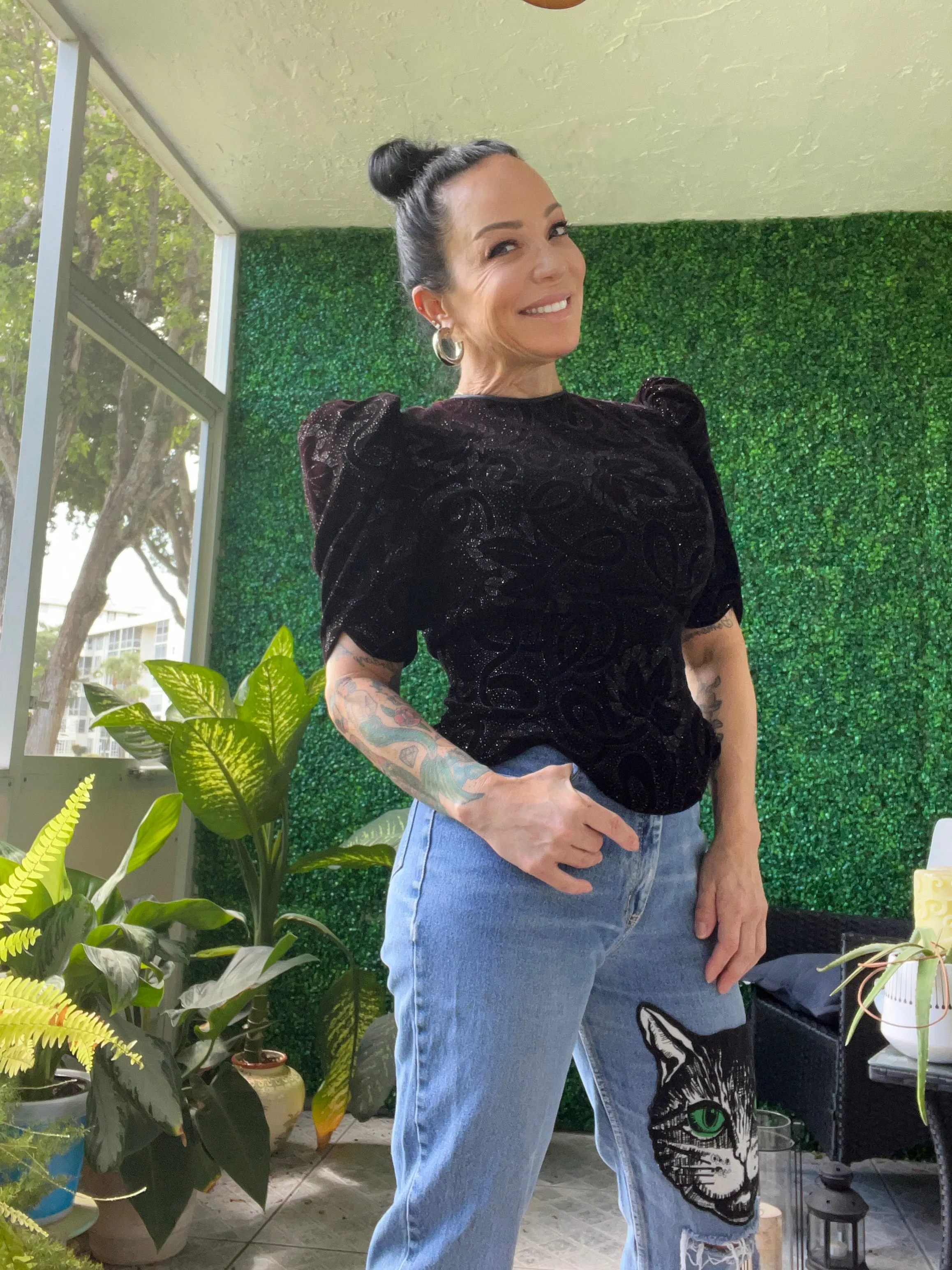 80s Velvet Brocade Sequin Top Puff Ruched sleeve Backless sexy blouse