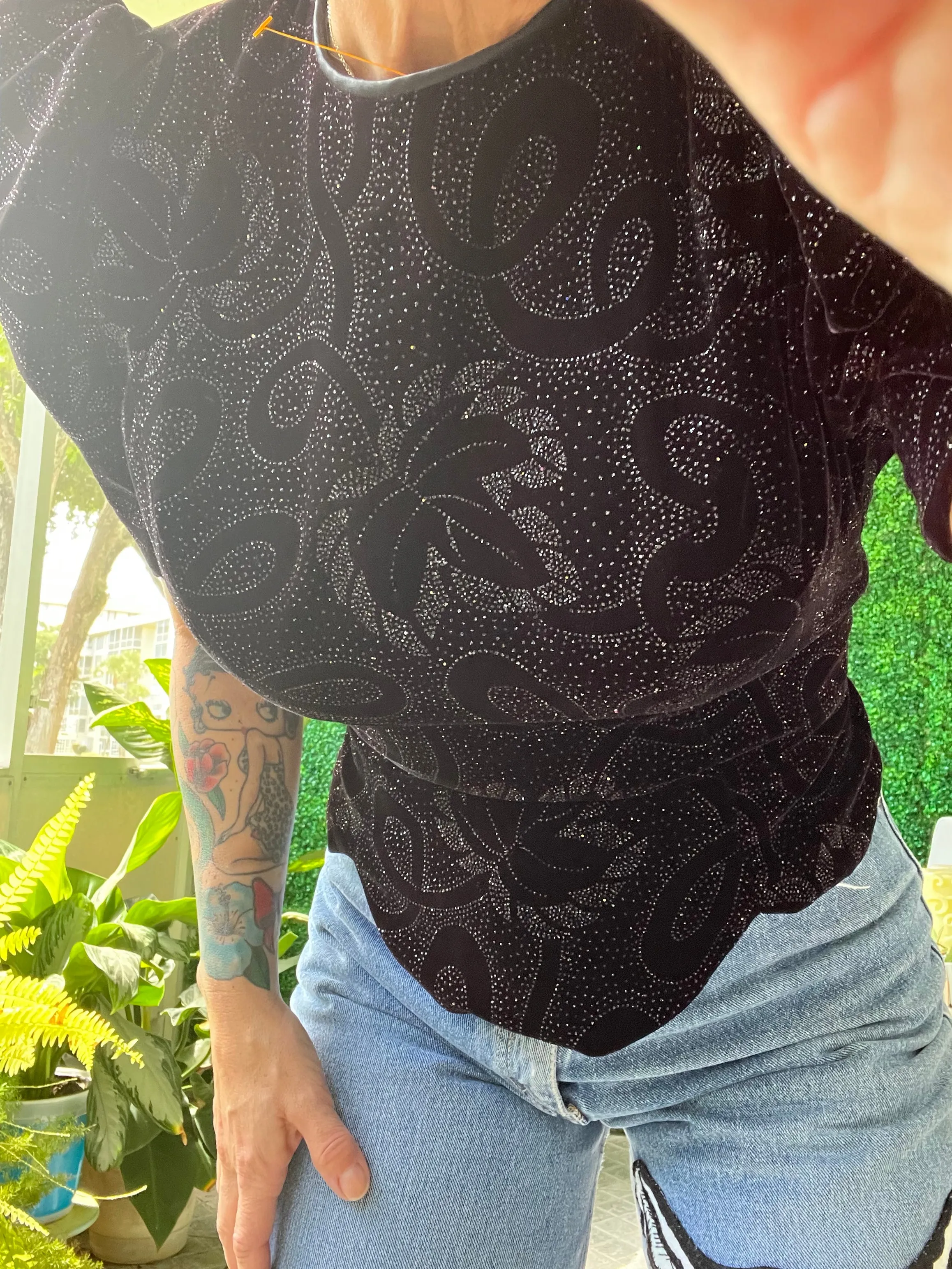 80s Velvet Brocade Sequin Top Puff Ruched sleeve Backless sexy blouse