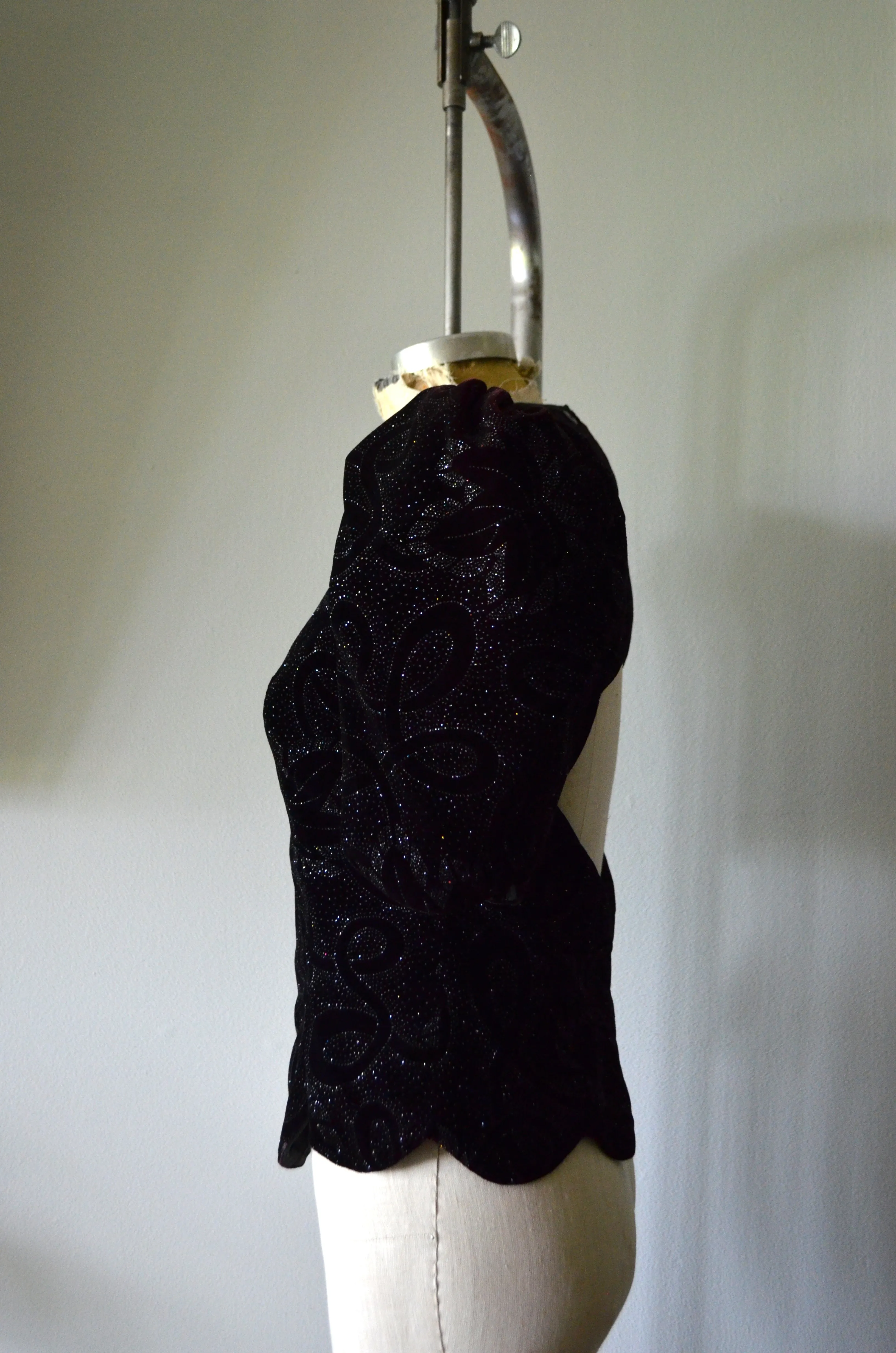 80s Velvet Brocade Sequin Top Puff Ruched sleeve Backless sexy blouse
