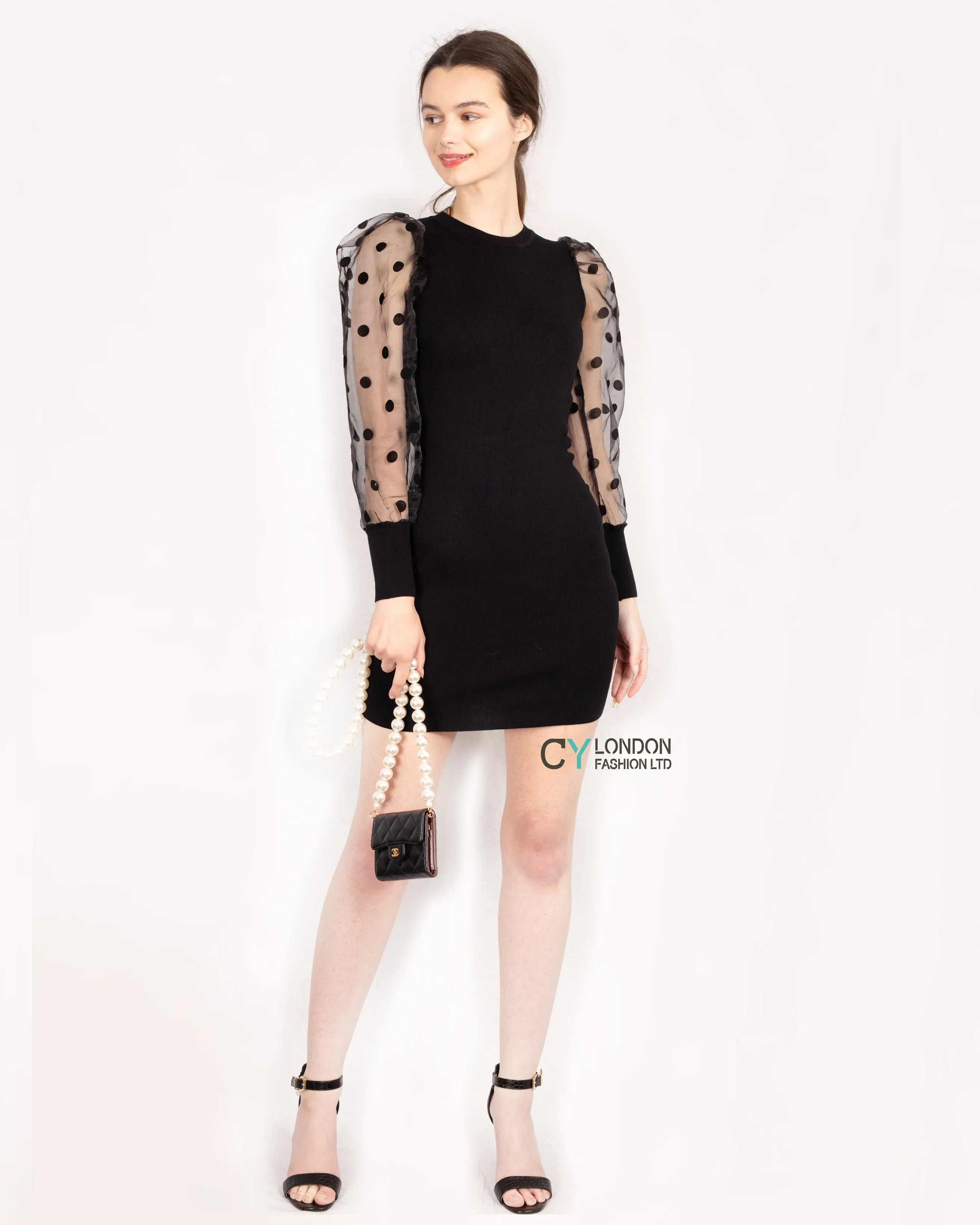 Black Bodycon Knit Dress with Polka Dot Organza Sleeves