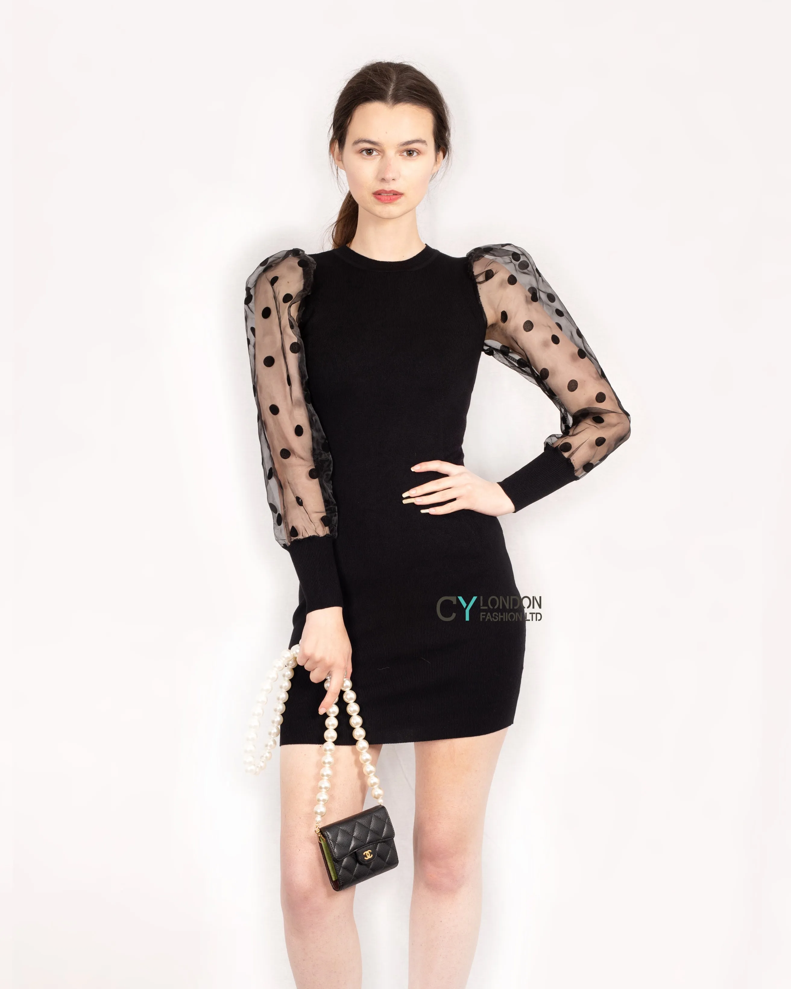 Black Bodycon Knit Dress with Polka Dot Organza Sleeves