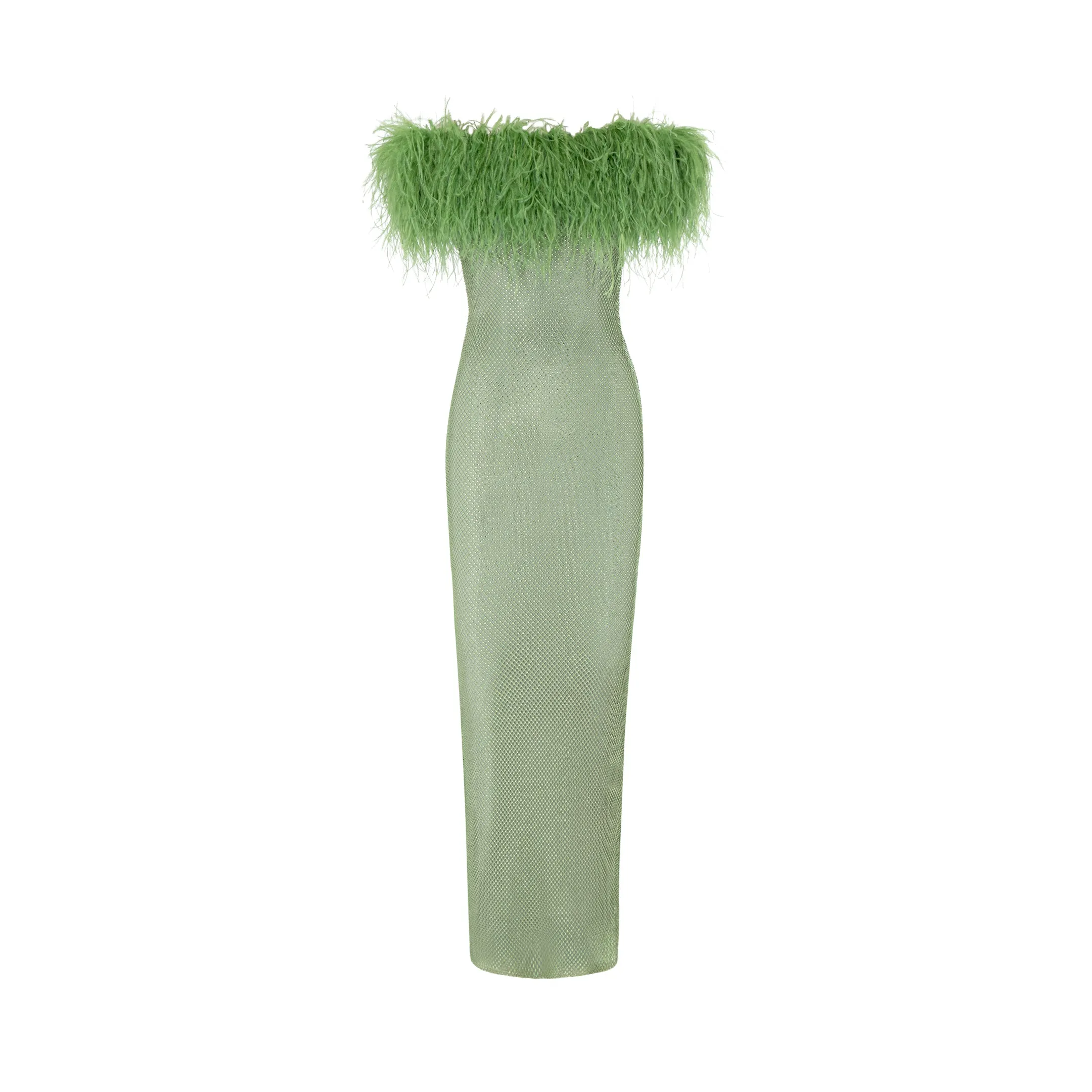 Crystal Embellished Feather Off-Shoulder Maxi Dress - Mint Green