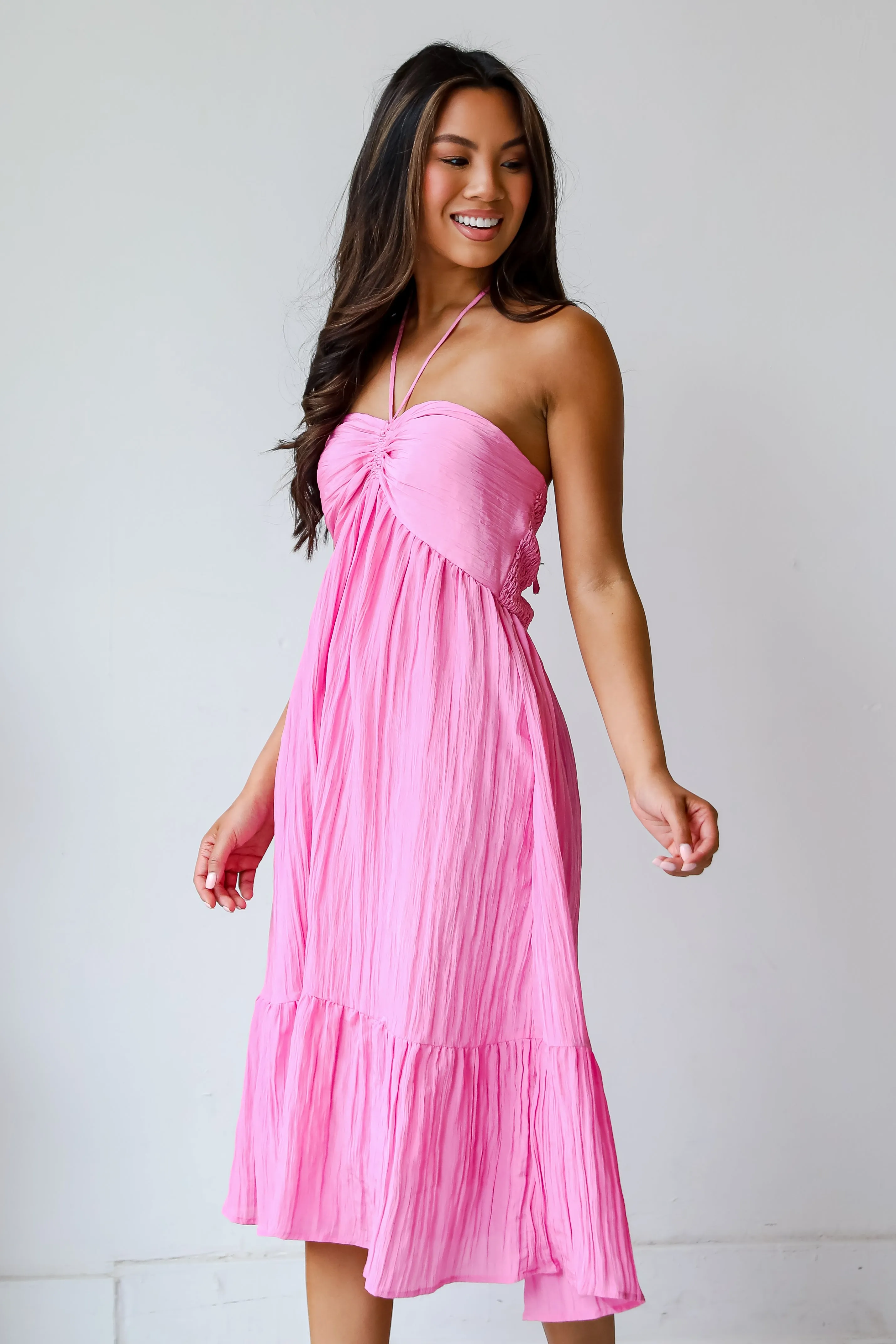 FINAL SALE - Sunny Serenity Pink Halter Midi Dress