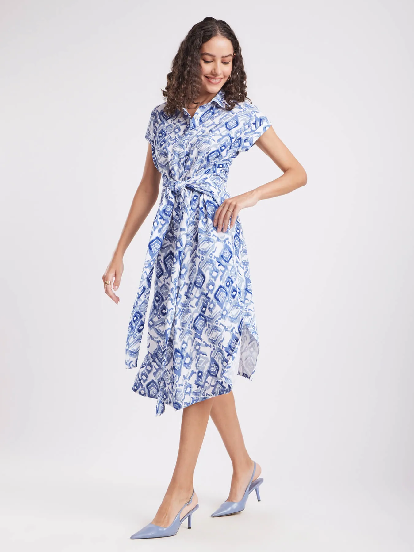 Floral Shirt Dress - Blue And White