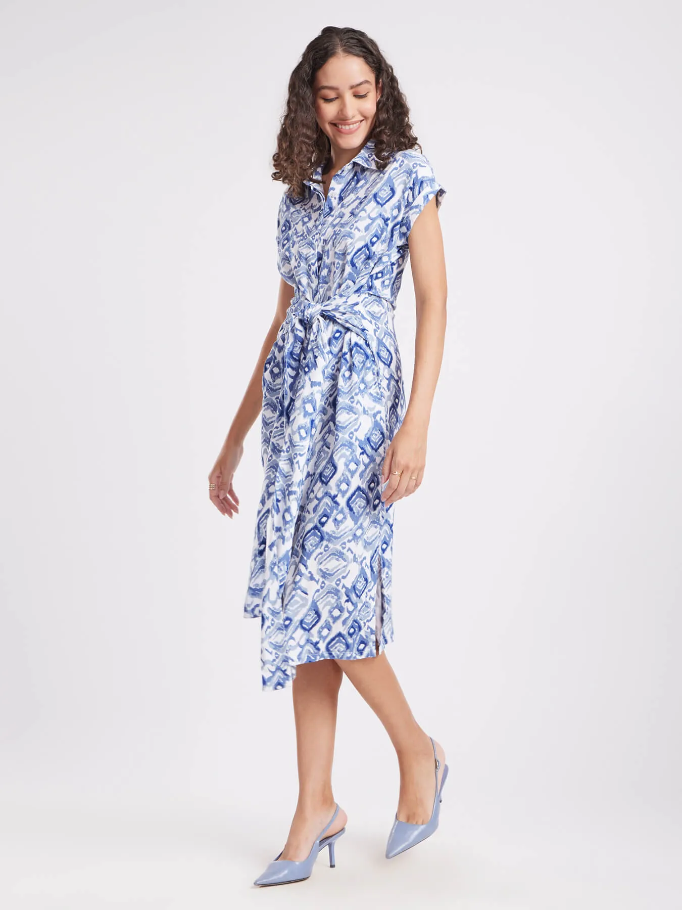 Floral Shirt Dress - Blue And White