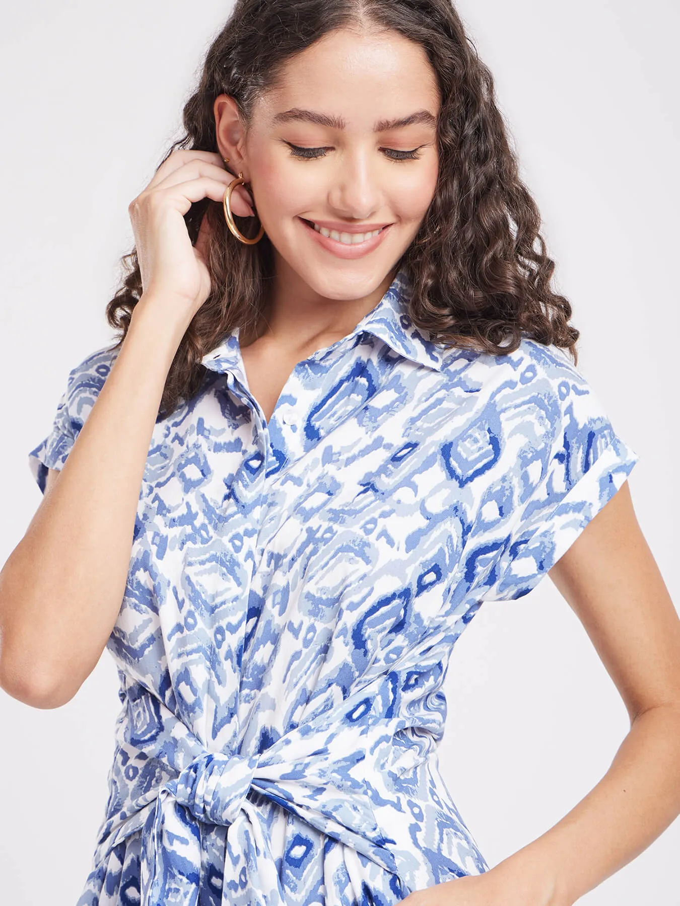 Floral Shirt Dress - Blue And White