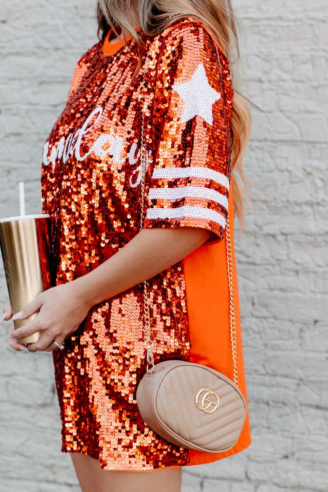 Gameday Glam Sequin T-Shirt Dress (Orange)