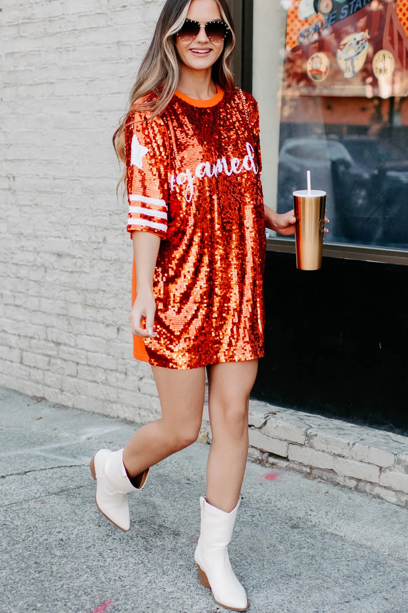 Gameday Glam Sequin T-Shirt Dress (Orange)