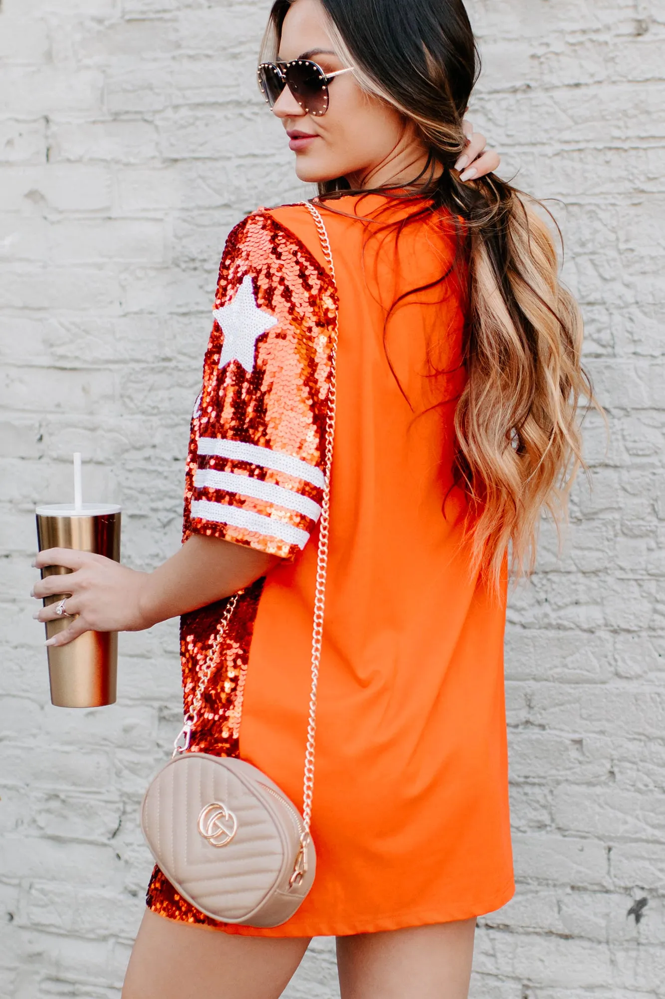 Gameday Glam Sequin T-Shirt Dress (Orange)