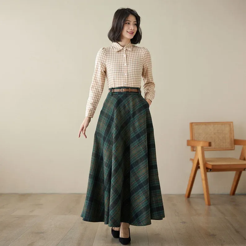 Green Maxi Wool Plaid Skirt 4621