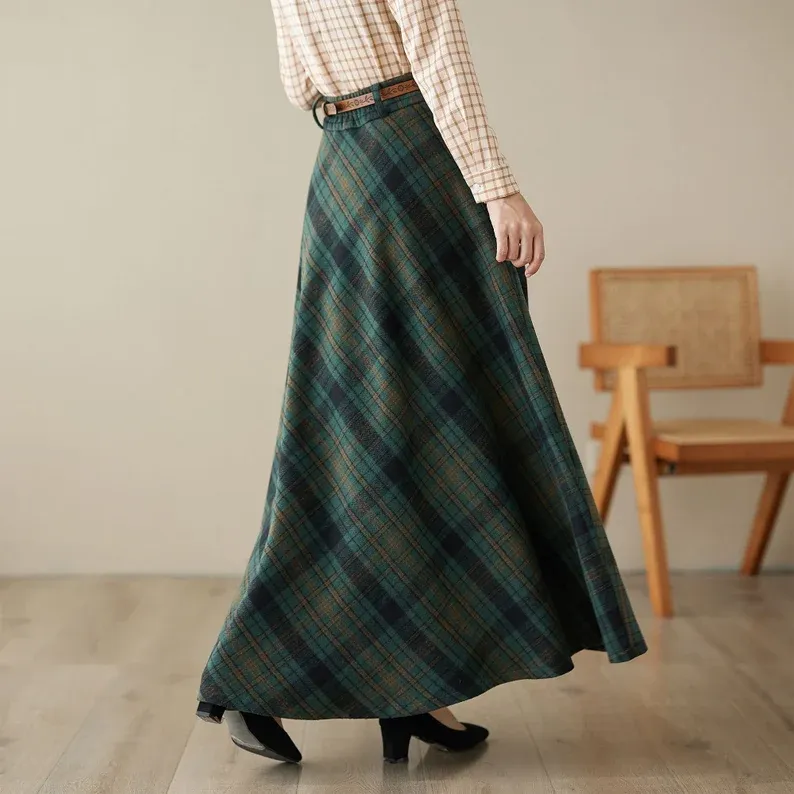 Green Maxi Wool Plaid Skirt 4621