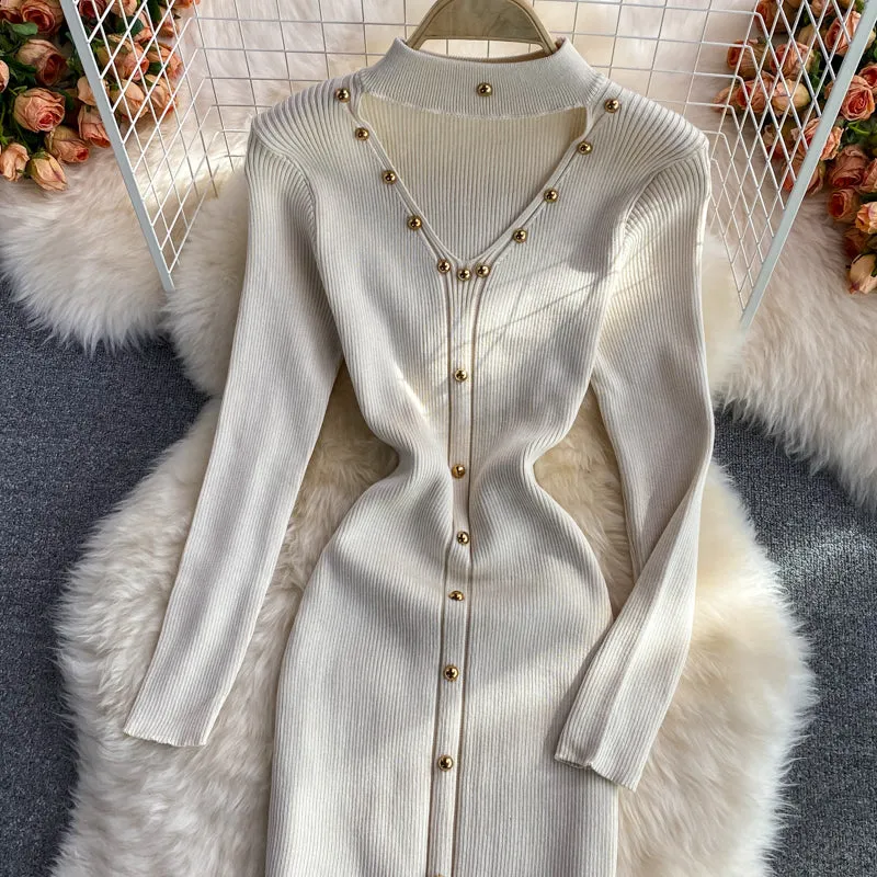Halterneck V-neck Stretch-knit Dress