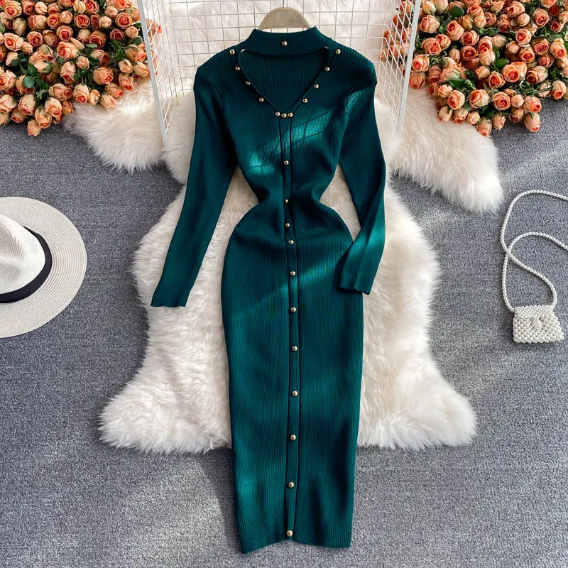 Halterneck V-neck Stretch-knit Dress