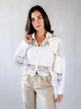 Hand Crocheted and Embroidered Cropped Shirt with Puff Sleeves