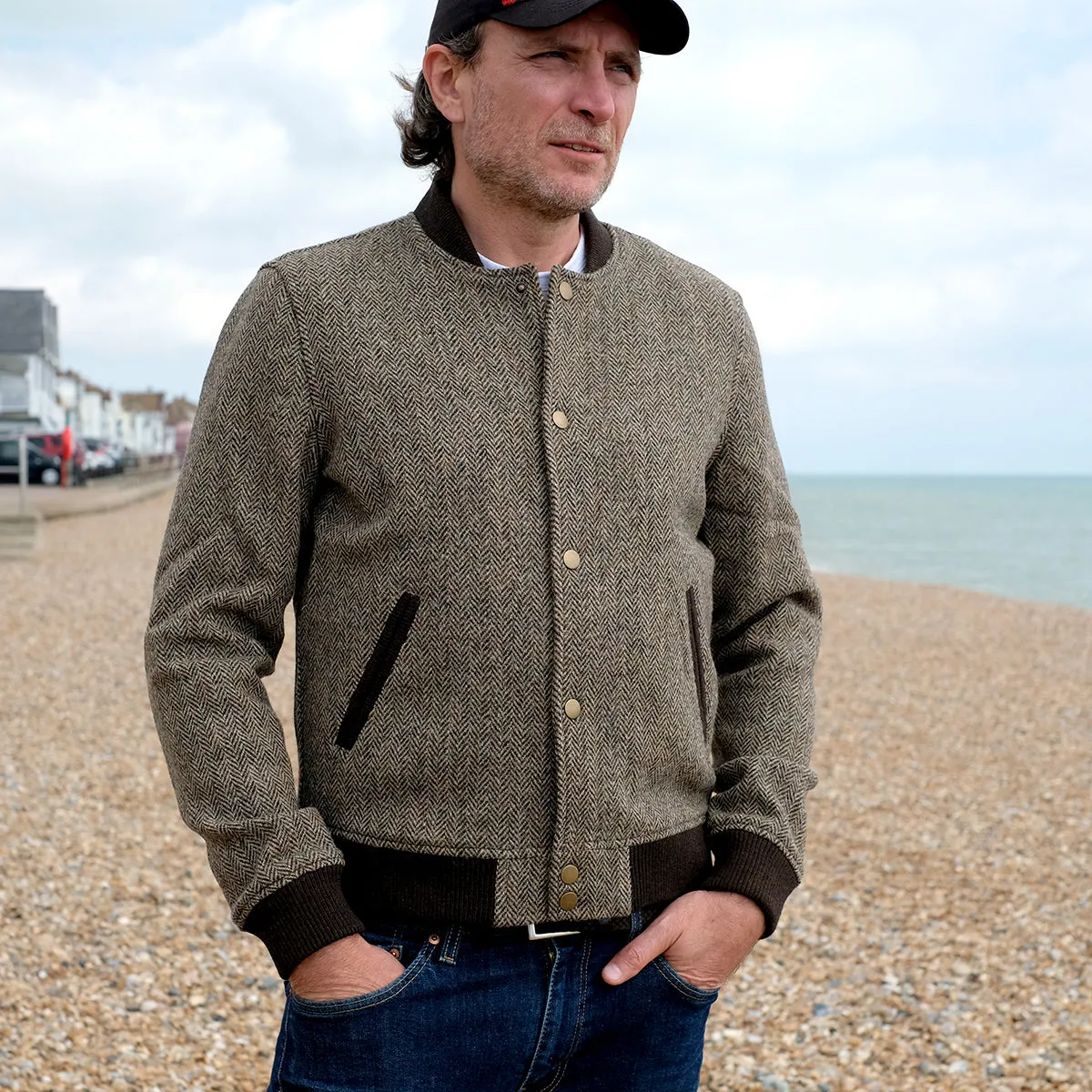 Harris Tweed Bomber Jacket in Brown Herringbone