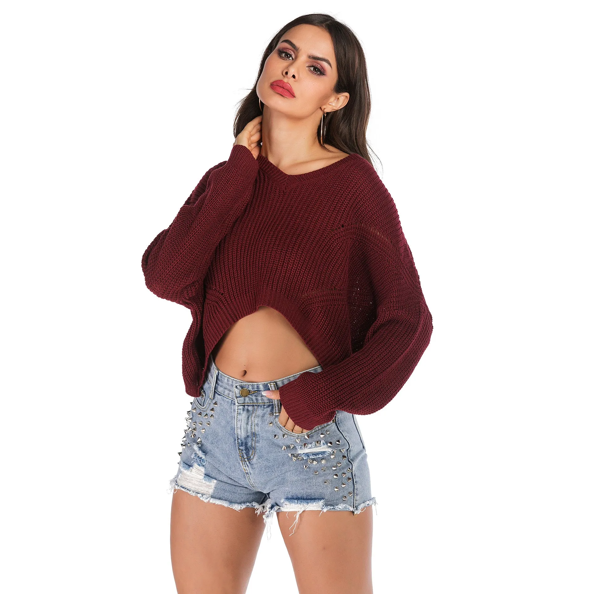Irregular V-Collar Knitted Lumbar Sweater