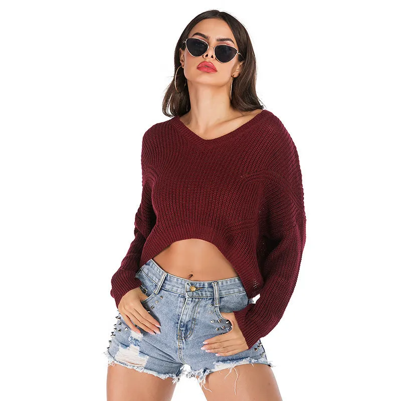 Irregular V-Collar Knitted Lumbar Sweater