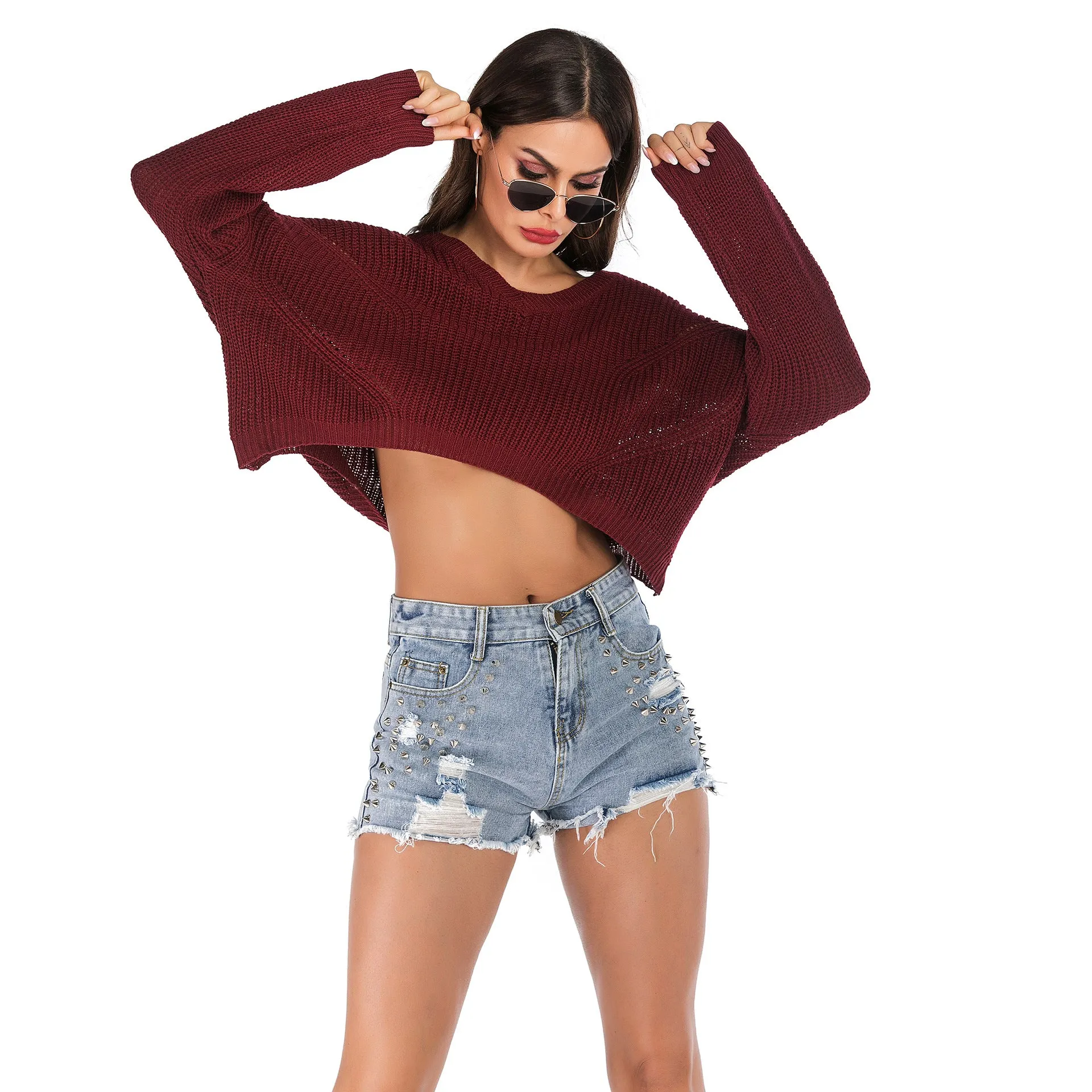 Irregular V-Collar Knitted Lumbar Sweater