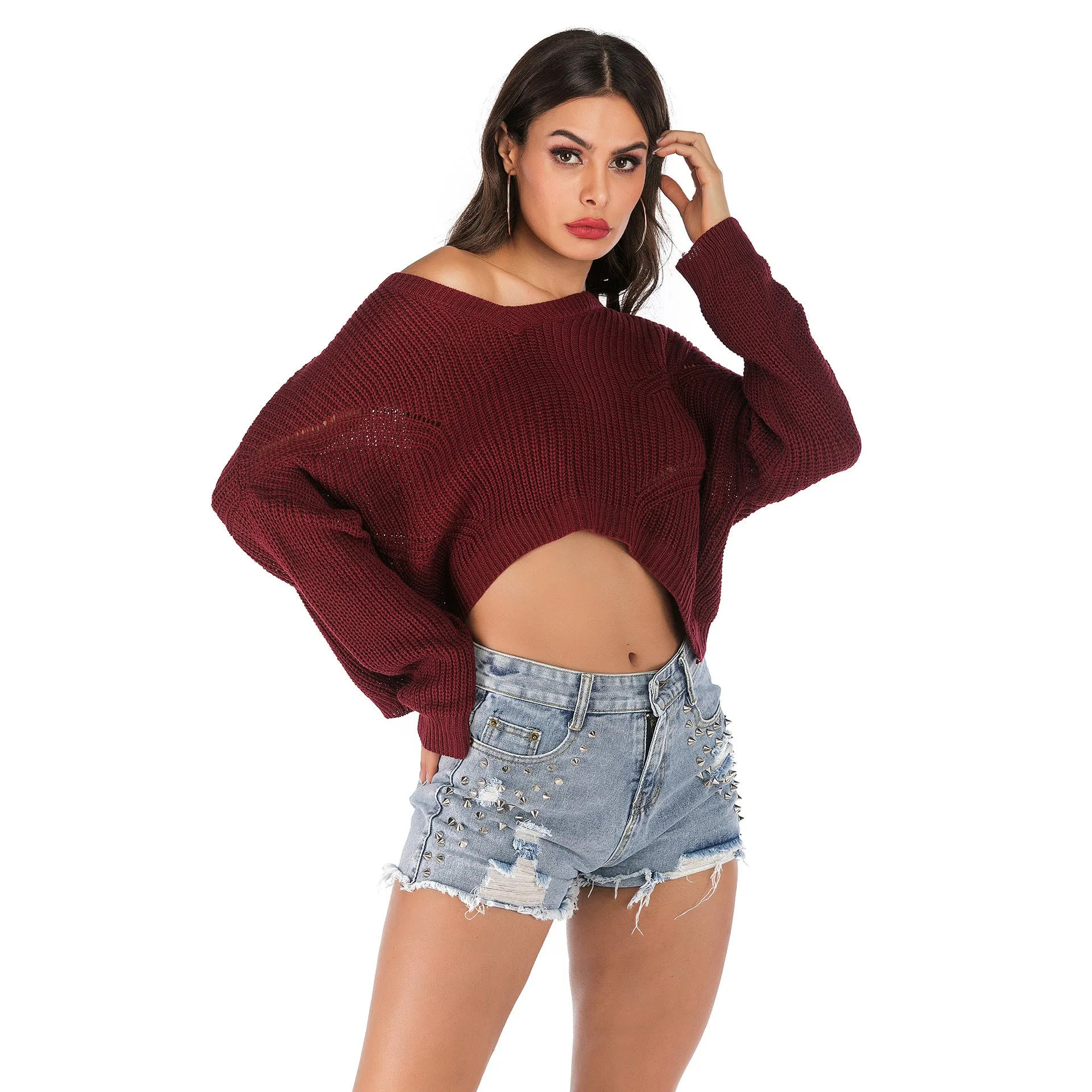 Irregular V-Collar Knitted Lumbar Sweater