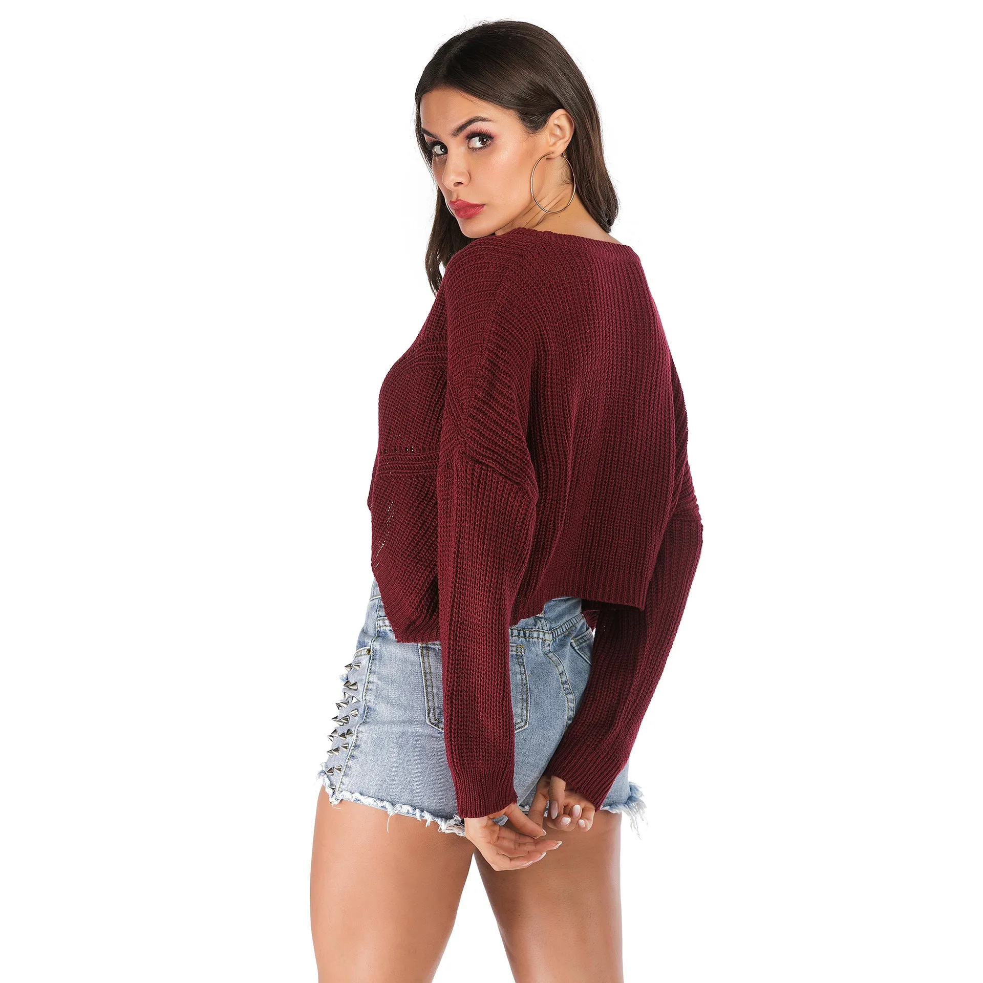 Irregular V-Collar Knitted Lumbar Sweater