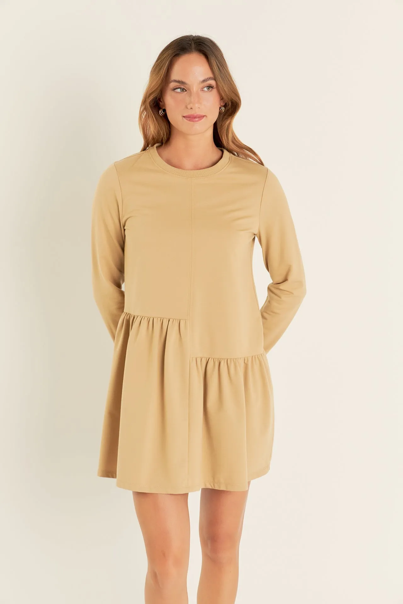 Knit Unbalanced Seam Dress - Tan