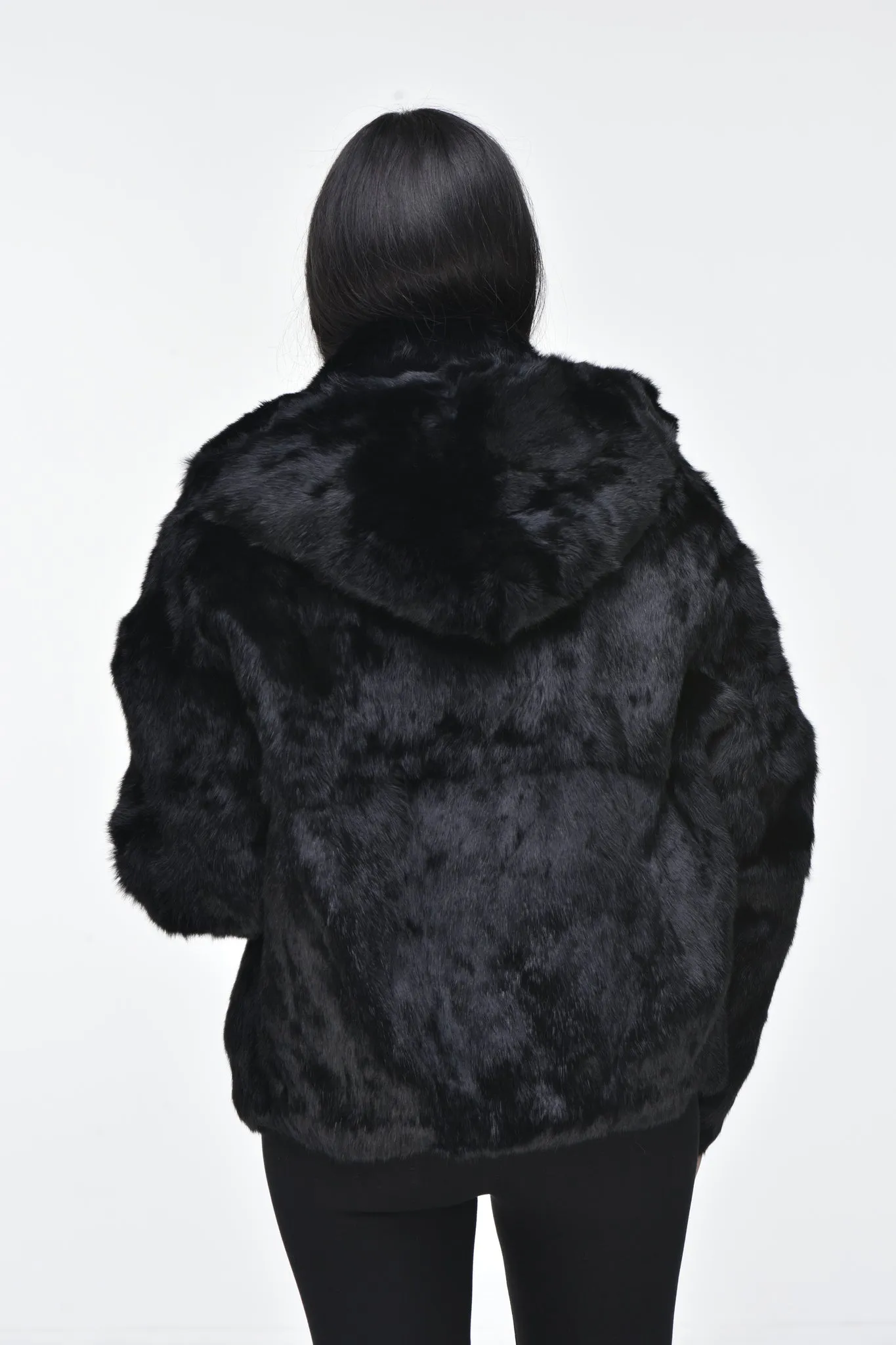 Ladies Rabbit Hooded Bomber Jacket - Black
