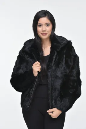 Ladies Rabbit Hooded Bomber Jacket - Black