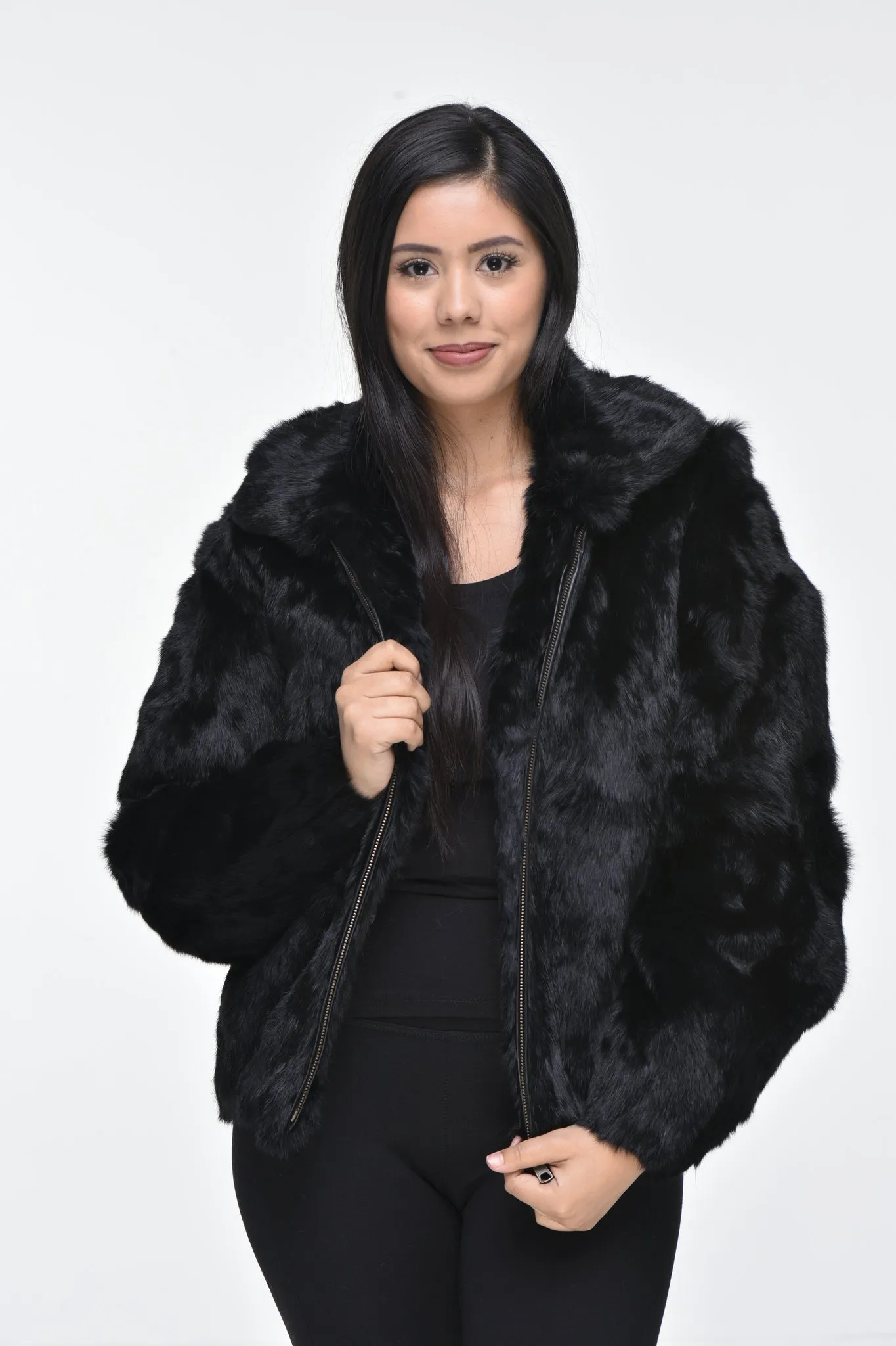 Ladies Rabbit Hooded Bomber Jacket - Black