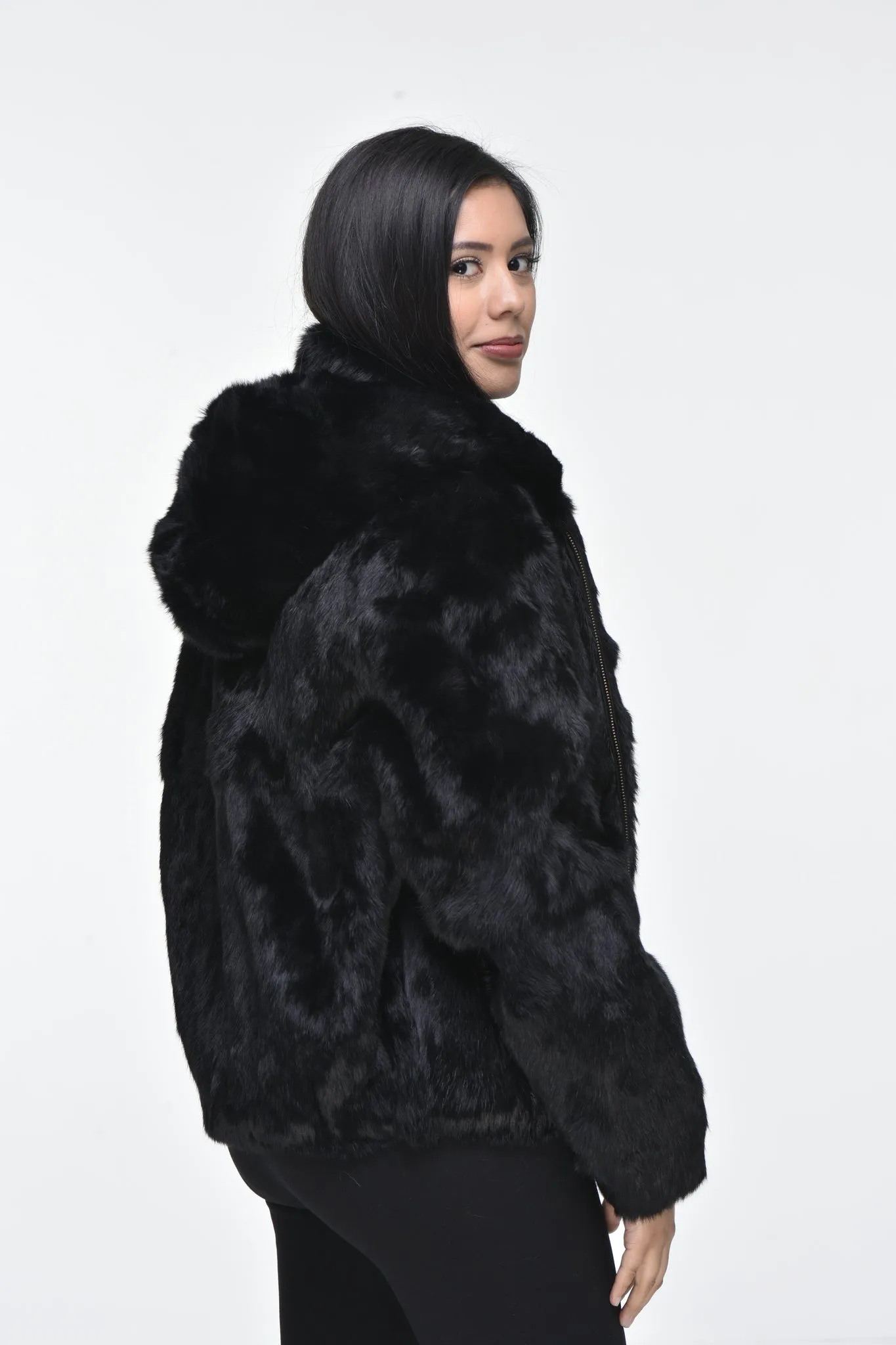 Ladies Rabbit Hooded Bomber Jacket - Black