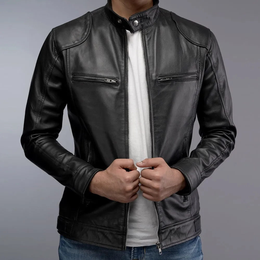 Men Cafe Racer Bomber Black Motorcycle Leather Jacket (CL-19)