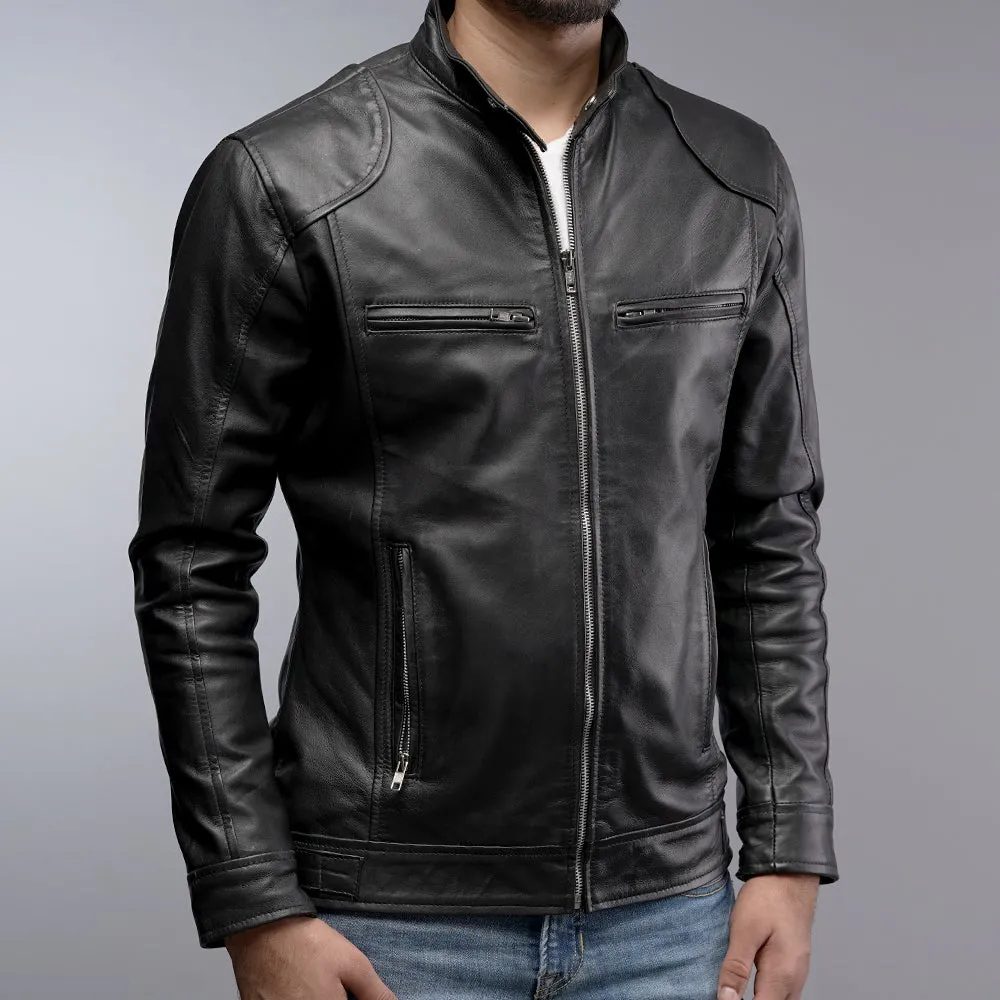 Men Cafe Racer Bomber Black Motorcycle Leather Jacket (CL-19)