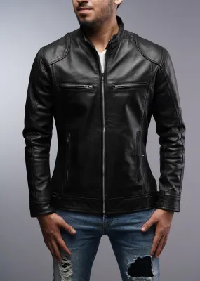 Men Cafe Racer Bomber Black Motorcycle Leather Jacket (CL-19)
