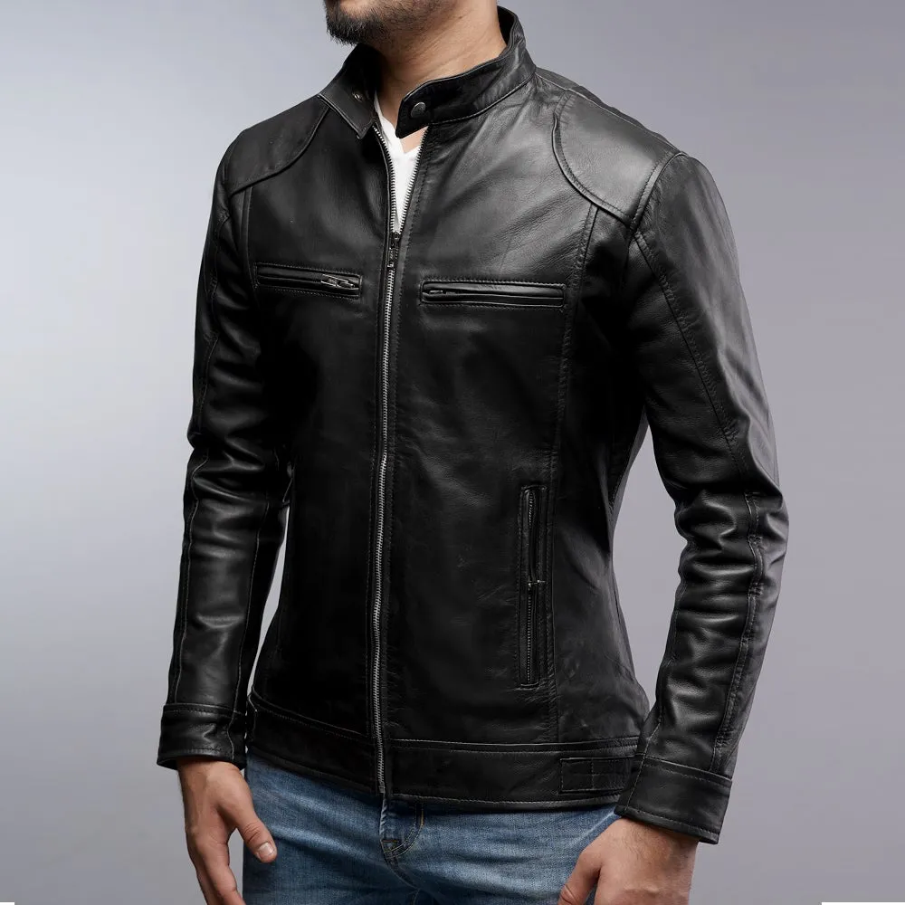 Men Cafe Racer Bomber Black Motorcycle Leather Jacket (CL-19)