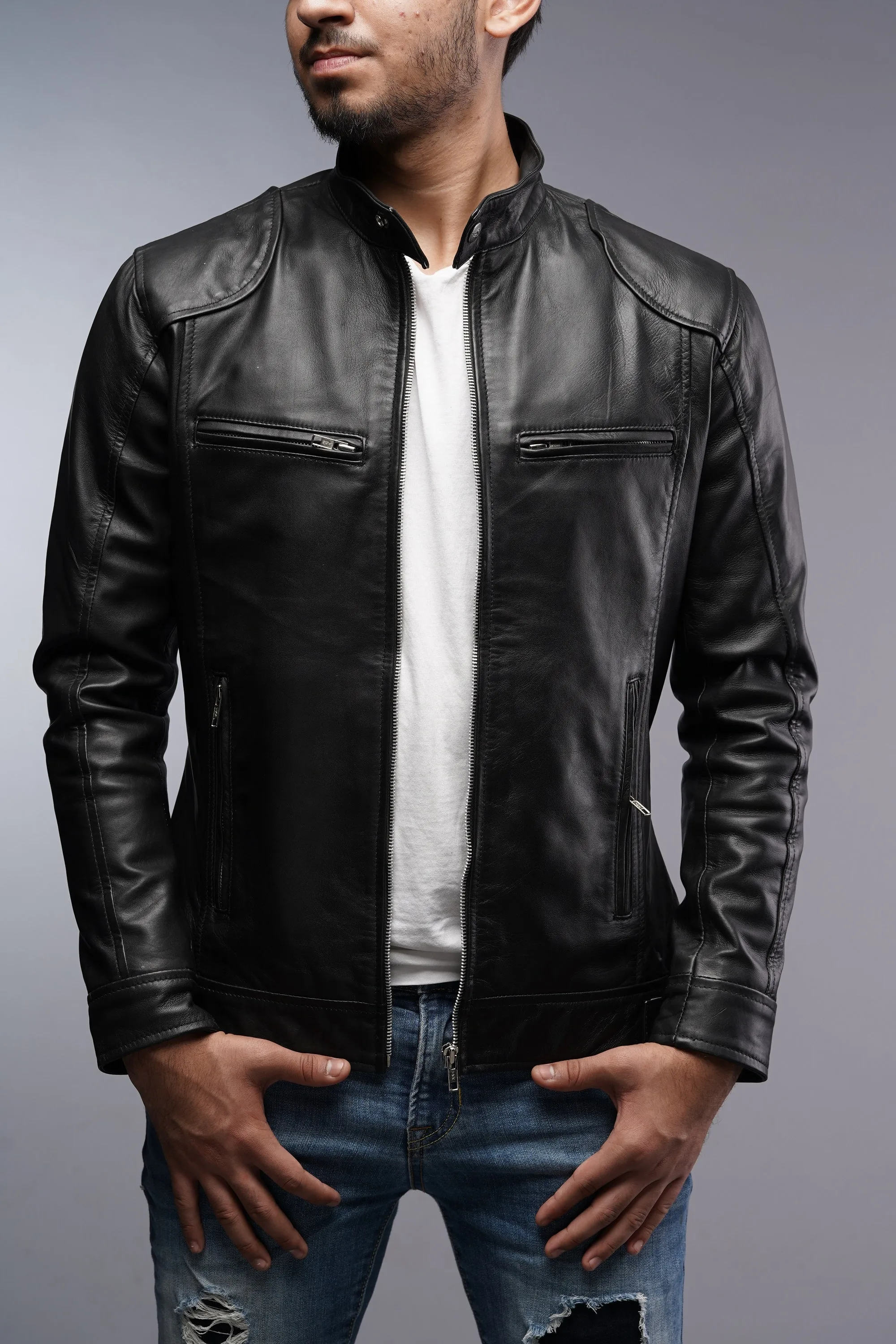 Men Cafe Racer Bomber Black Motorcycle Leather Jacket (CL-19)