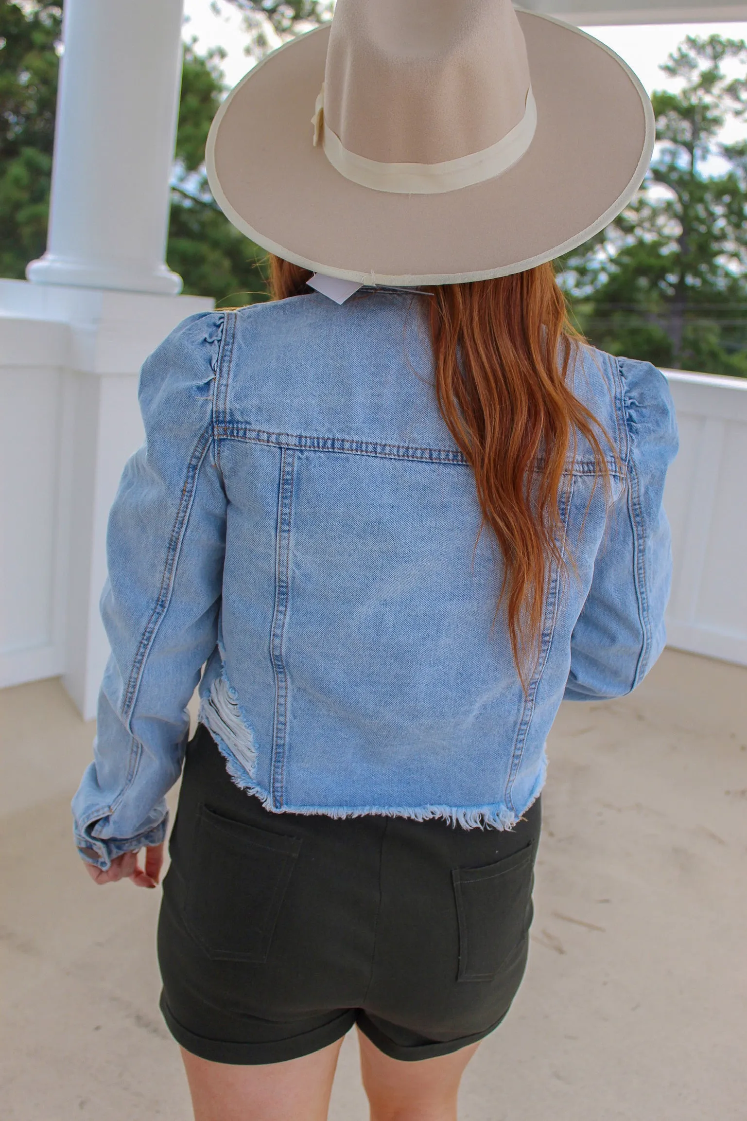 Puff Sleeve Cropped Distressed Denim Jacket