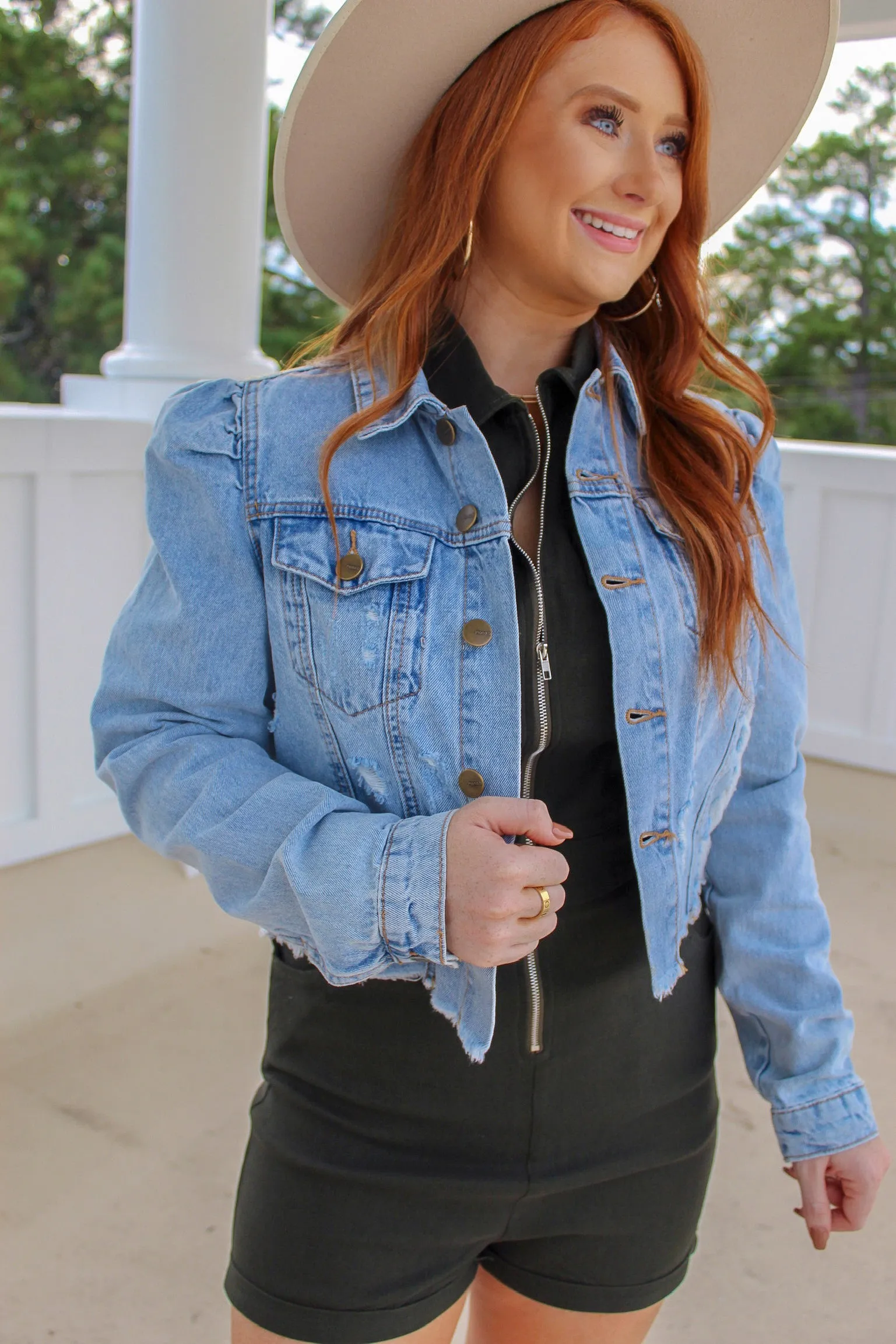 Puff Sleeve Cropped Distressed Denim Jacket