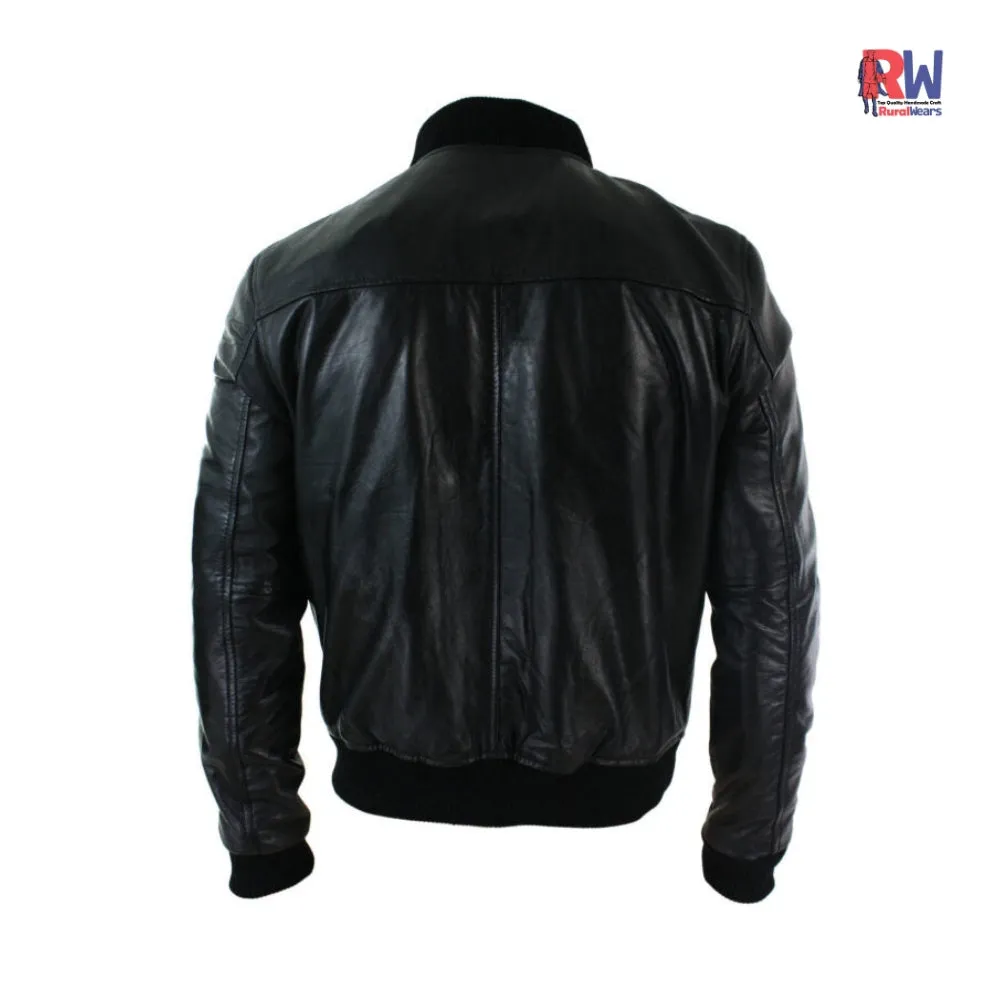 RW Authentic Sheepskin MEN’S FITTED REAL LEATHER BLACK VARSITY BOMBER JACKET