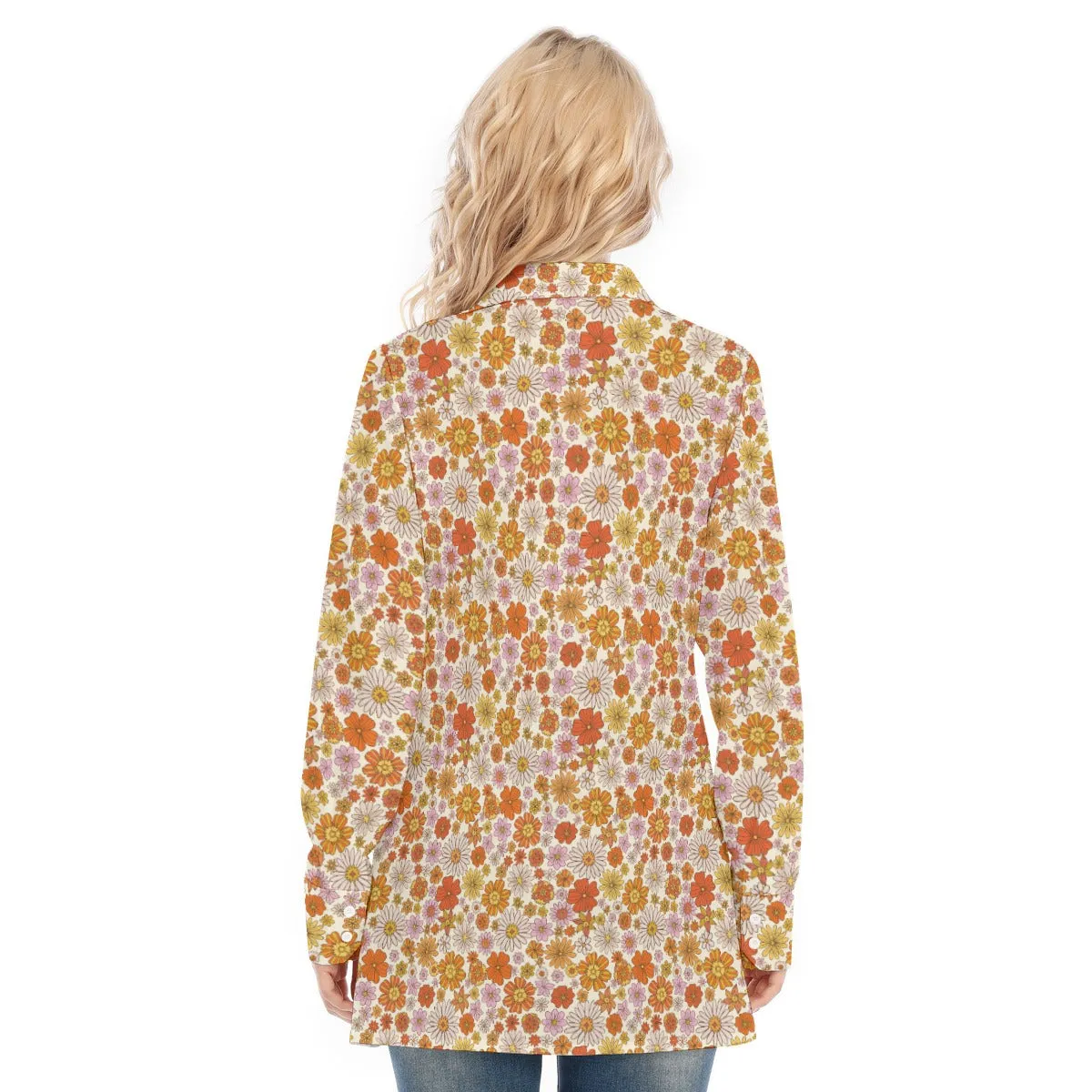 Vintage Floral Long Sleeve Shirt Women, Groovy Flowers 70s Button Up Ladies Blouse Print Buttoned Down Collared Casual Dress Going Out Top