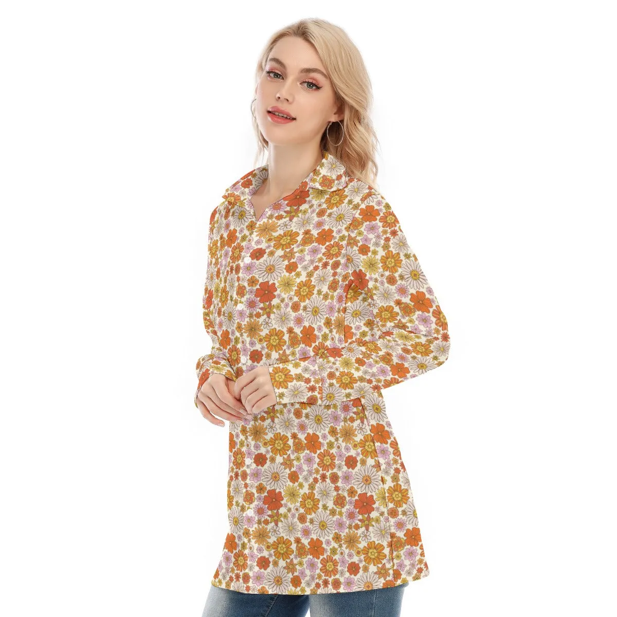 Vintage Floral Long Sleeve Shirt Women, Groovy Flowers 70s Button Up Ladies Blouse Print Buttoned Down Collared Casual Dress Going Out Top