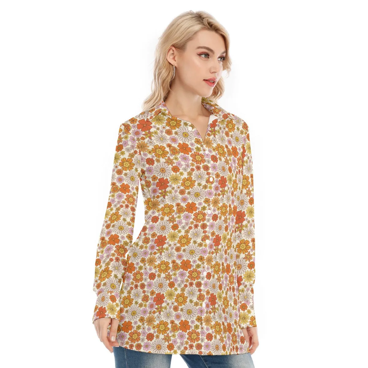 Vintage Floral Long Sleeve Shirt Women, Groovy Flowers 70s Button Up Ladies Blouse Print Buttoned Down Collared Casual Dress Going Out Top